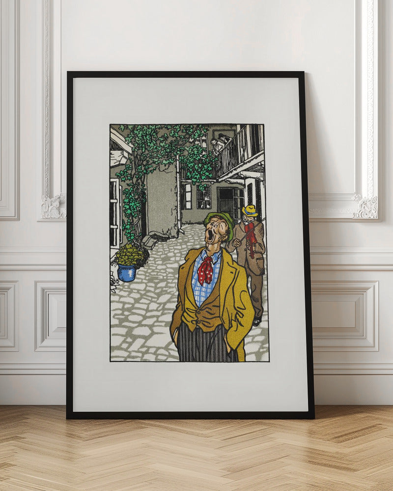 A vintage woodcut-style illustration of a man in a yellow jacket and green hat singing or yelling with his mouth wide open in a cobblestone courtyard. Behind him, another man plays a violin. The scene is framed in black with a white mat. Decor