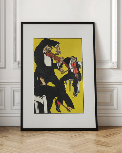 A vintage expressionist illustration featuring three stylized, grotesque male figures in black tuxedos playing violins with chaotic energy. The scene is set against a vibrant, solid yellow background, all framed with a white mat and black border. Artwork