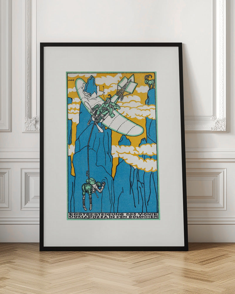 A vintage Art Nouveau style illustration by Jung depicting a fantastical mountain ascent. A small biplane flies over steep blue mountains against a yellow sky, lowering a climber on a rope. A mountain goat watches from a peak. Artwork