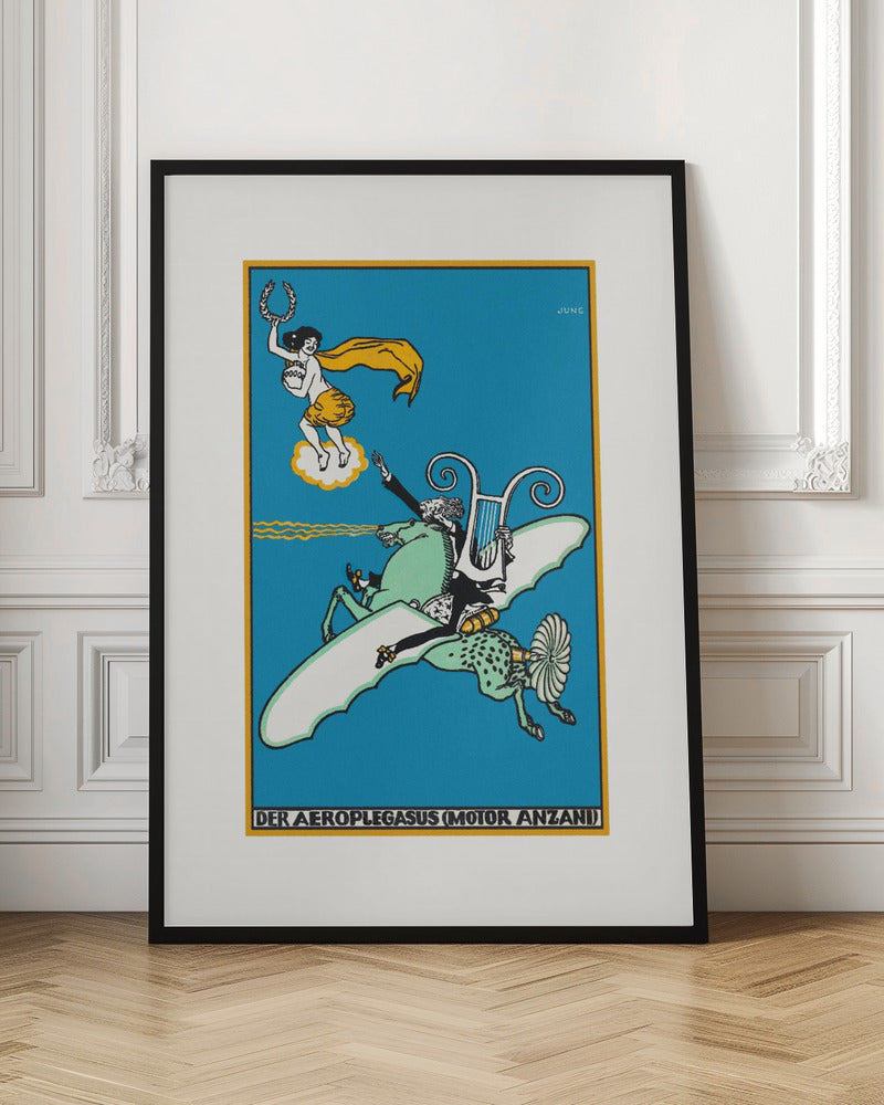 A vintage German illustration titled 'Der Aeroplegasus (Motor Anzani)' by Jung, featuring a whimsical scene against a bright blue background. A man in a tuxedo rides a green, winged horse with mechanical parts, holding a lyre, while a woman on a cloud above offers a laurel wreath. Print