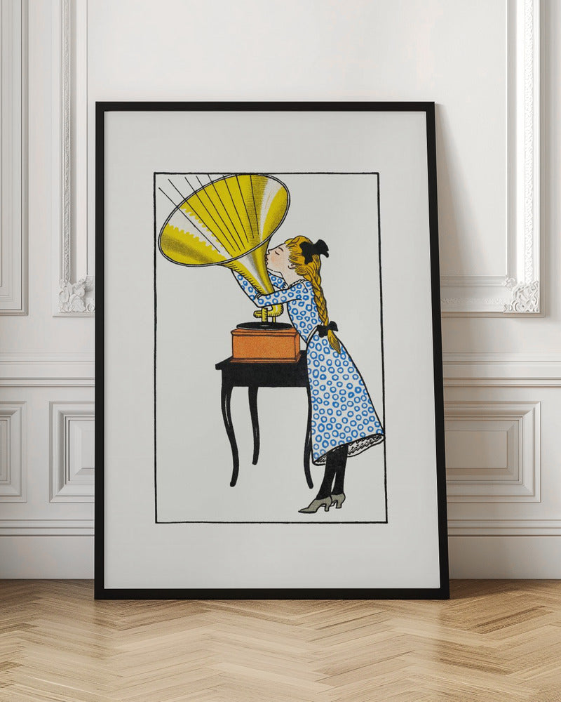 A vintage-style color illustration of a young girl with blonde braids and a blue patterned dress kissing the large yellow horn of a phonograph that sits on a small black table. Poster