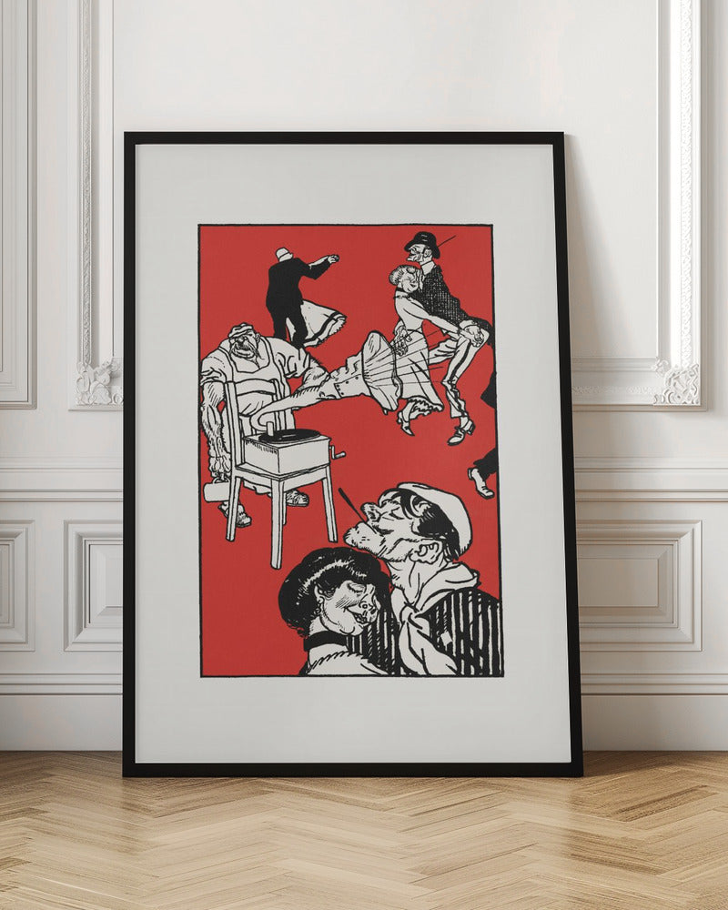 A vintage-style black and white illustration on a bright red background depicting a chaotic and lively dance scene. Several couples dance with exaggerated, energetic movements. In the foreground, a sailor with a cigarette gets close to a woman, and to the left, a large, muscular man operates a record player that is sitting on a chair. Wall Art