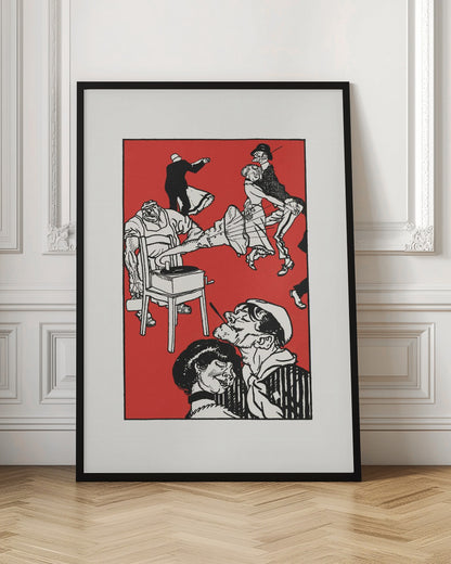 A vintage-style black and white illustration on a bright red background depicting a chaotic and lively dance scene. Several couples dance with exaggerated, energetic movements. In the foreground, a sailor with a cigarette gets close to a woman, and to the left, a large, muscular man operates a record player that is sitting on a chair. Wall Art