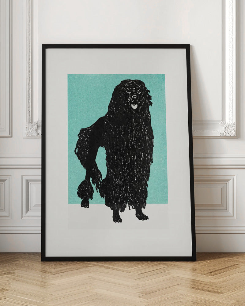 A framed block print of a black corded poodle standing in profile against a solid teal background. The dog's textured, shaggy coat is depicted in black ink with fine white lines creating detail. The artwork is surrounded by a white mat and a simple black frame. Artwork
