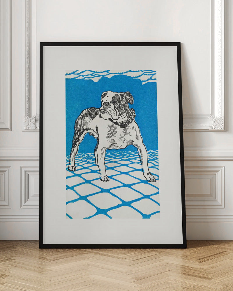 A framed graphic illustration of an English bulldog. The dog is white with black line-art details and stands on a white tiled floor outlined in blue. The background is a solid, bright blue, creating a bold and stylized look. Decor