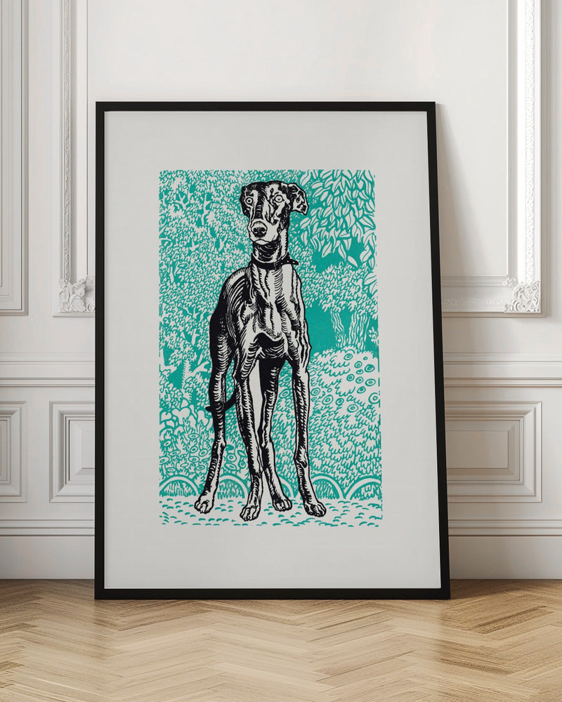A framed linocut-style print of a black and white greyhound standing alert against a vibrant teal background patterned with stylized trees and foliage. Poster