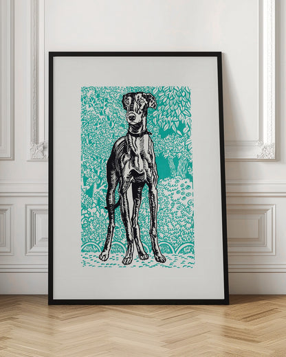 A framed linocut-style print of a black and white greyhound standing alert against a vibrant teal background patterned with stylized trees and foliage. Poster