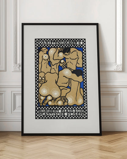 A vintage Art Nouveau style poster featuring stylized nude figures in various poses against a vibrant blue background. The figures are tan with thick black outlines and white concentric circles on their joints and bodies. The artwork is framed by a black and white checkered border with text at the top reading 'VARIETENUMMER 4' and at the bottom 'BUMBERY BLADS & CIE PLASTISCHE POSEN'. Artwork