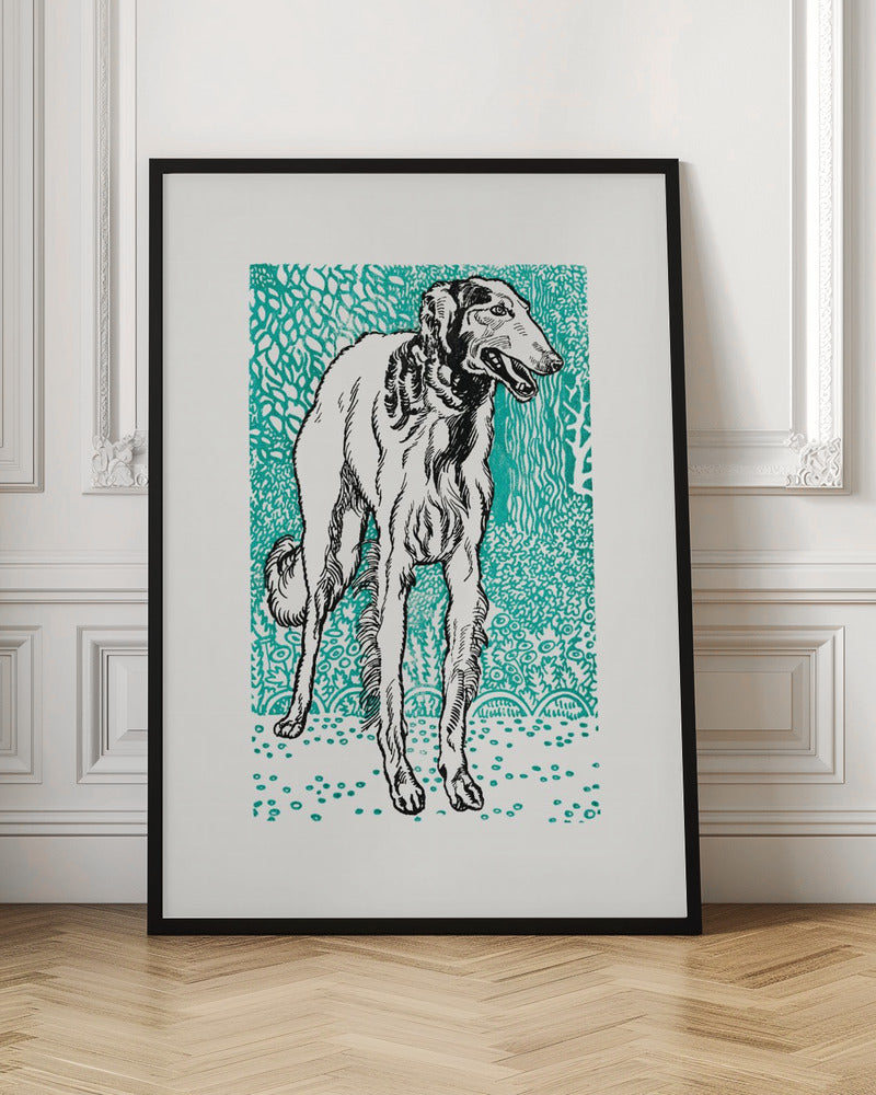 A framed graphic art print featuring a black and white illustration of a slender Borzoi dog. The dog stands facing right against a vibrant teal background with a dense, leafy pattern. The style resembles a linocut or woodblock print. Wall Art
