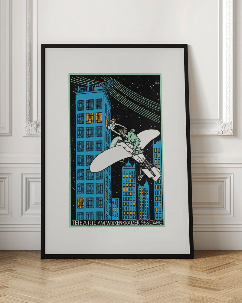 A vintage Art Deco illustration by Jung titled 'Tete a Tete am Wolkenkratzer 968.Etage'. The artwork depicts a man in a small white airplane handing a bouquet of flowers to a woman leaning out of a high-story window of a blue skyscraper against a black, starry night sky. Print