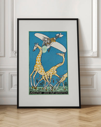 A vintage German illustration by Jung titled 'Unblutige Jagd auf Giraffen' (Bloodless Hunt for Giraffes). The artwork shows several people in an old-fashioned airplane flying over a herd of running giraffes against a solid blue sky. One person aims a green and white circular device at a giraffe's head. The style is graphic with bold outlines. Decor