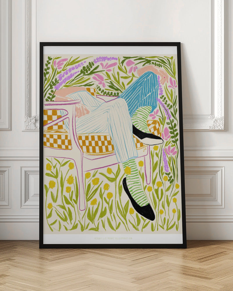 A colorful illustration of a person lounging in a white-framed, yellow-checkered chair amidst a vibrant field of flowers. The figure wears striped pants, green striped socks, and black shoes, with pink, purple, and yellow flowers surrounding them against an off-white background. Poster