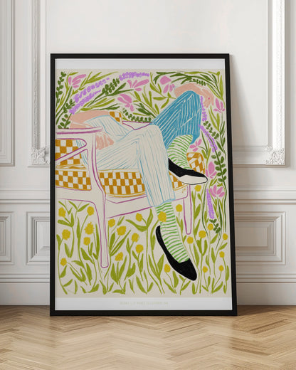 A colorful illustration of a person lounging in a white-framed, yellow-checkered chair amidst a vibrant field of flowers. The figure wears striped pants, green striped socks, and black shoes, with pink, purple, and yellow flowers surrounding them against an off-white background. Poster