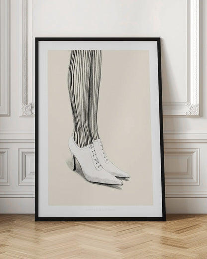 A black and white pencil illustration focusing on the lower legs and feet of a person wearing vertically striped tights and white, pointed-toe, lace-up stiletto heels against a cream background. Artwork
