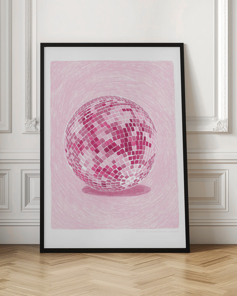 A monochromatic illustration of a disco ball rendered in various shades of pink. The disco ball is centered against a light pink background with a textured, sketchy quality, and it casts a darker pink shadow beneath it. The artwork is shown within a black frame with a white mat. Poster