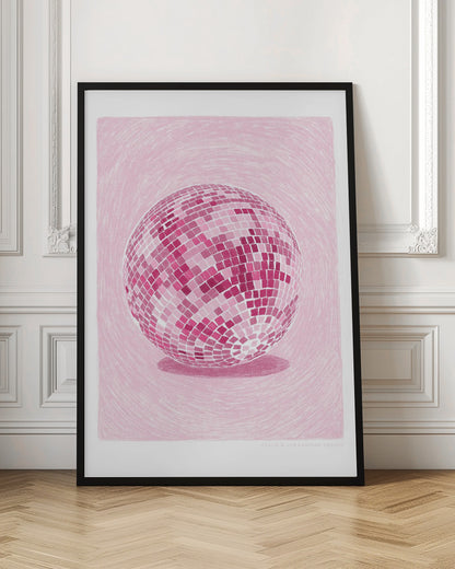 A monochromatic illustration of a disco ball rendered in various shades of pink. The disco ball is centered against a light pink background with a textured, sketchy quality, and it casts a darker pink shadow beneath it. The artwork is shown within a black frame with a white mat. Poster