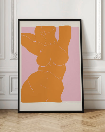 A framed art print with a minimalist illustration of a curvy female torso. The figure is a solid block of orange with delicate white line details, stretching upwards against a soft pink background. Print