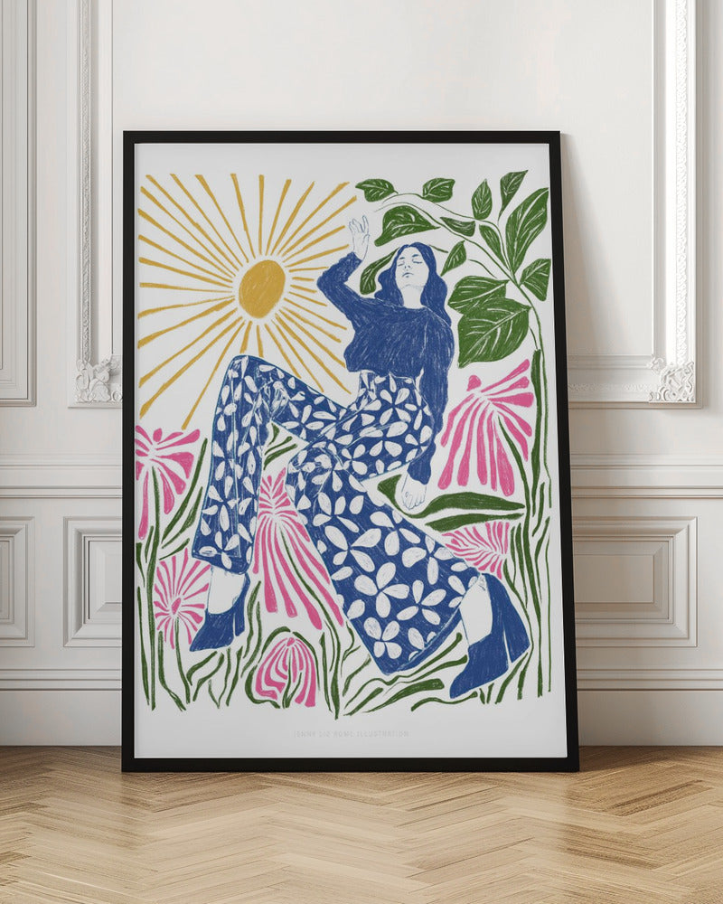 A colorful, stylized illustration of a woman relaxing in a field of large pink flowers under a bright yellow sun. She wears a blue top and blue and white floral pants, with her arm raised lazily. The artwork has a folk art, block-print style. Poster