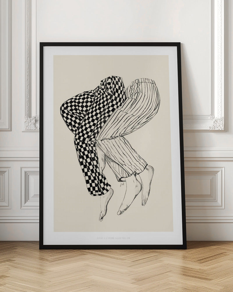 A black and white line drawing of the lower bodies of two people embracing. One figure wears checkered pajamas and the other wears striped pajamas. Their barefoot legs are intertwined and lifted, floating against a solid cream-colored background. Artwork