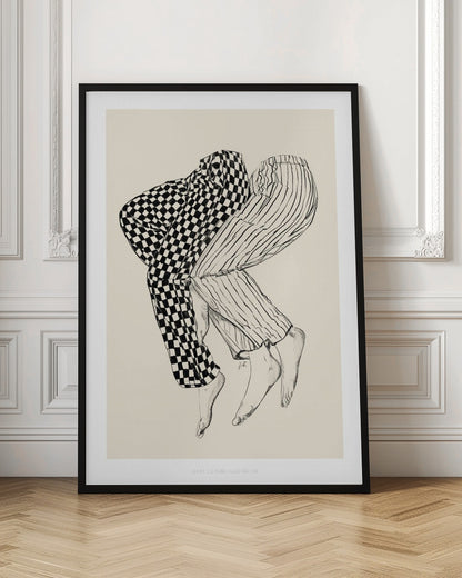 A black and white line drawing of the lower bodies of two people embracing. One figure wears checkered pajamas and the other wears striped pajamas. Their barefoot legs are intertwined and lifted, floating against a solid cream-colored background. Artwork