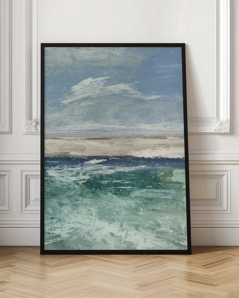 Abstract painting of an ocean scene with a sandy beach under a cloudy blue sky. Modern coastal wall art.