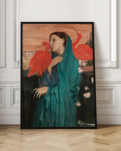 A vintage painting of a pensive woman draped in a teal robe, standing on a balcony with two vibrant scarlet ibis birds. In the background, a cityscape with minarets is visible under an orange sunset sky. Wall Art