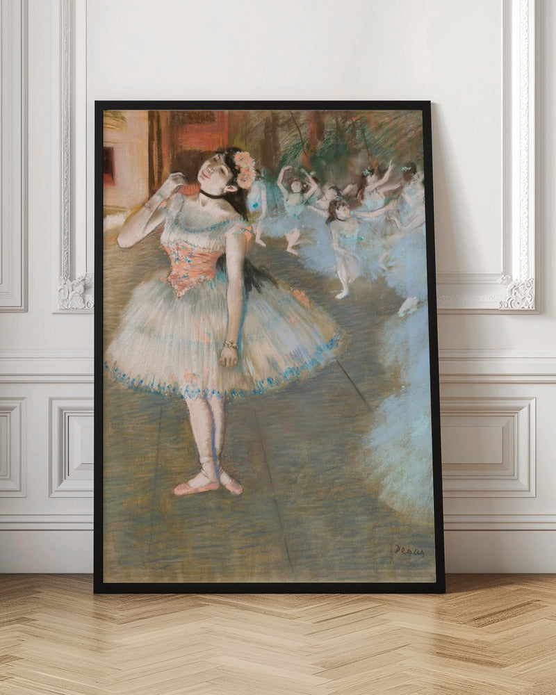 An impressionist painting by Edgar Degas titled 'Dancer on Stage' (Le rideau tombe). It depicts a ballerina in the foreground in a white and pink tutu, adjusting her black choker. In the background, a group of other ballerinas in blue tutus are dancing on a stage. Wall Art