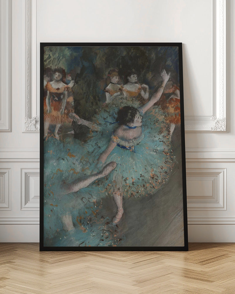 An impressionistic painting of a ballerina in a vibrant turquoise tutu dancing on a stage. She is in the foreground with her arms raised, and other dancers in orange costumes are visible in the softly lit background. Print