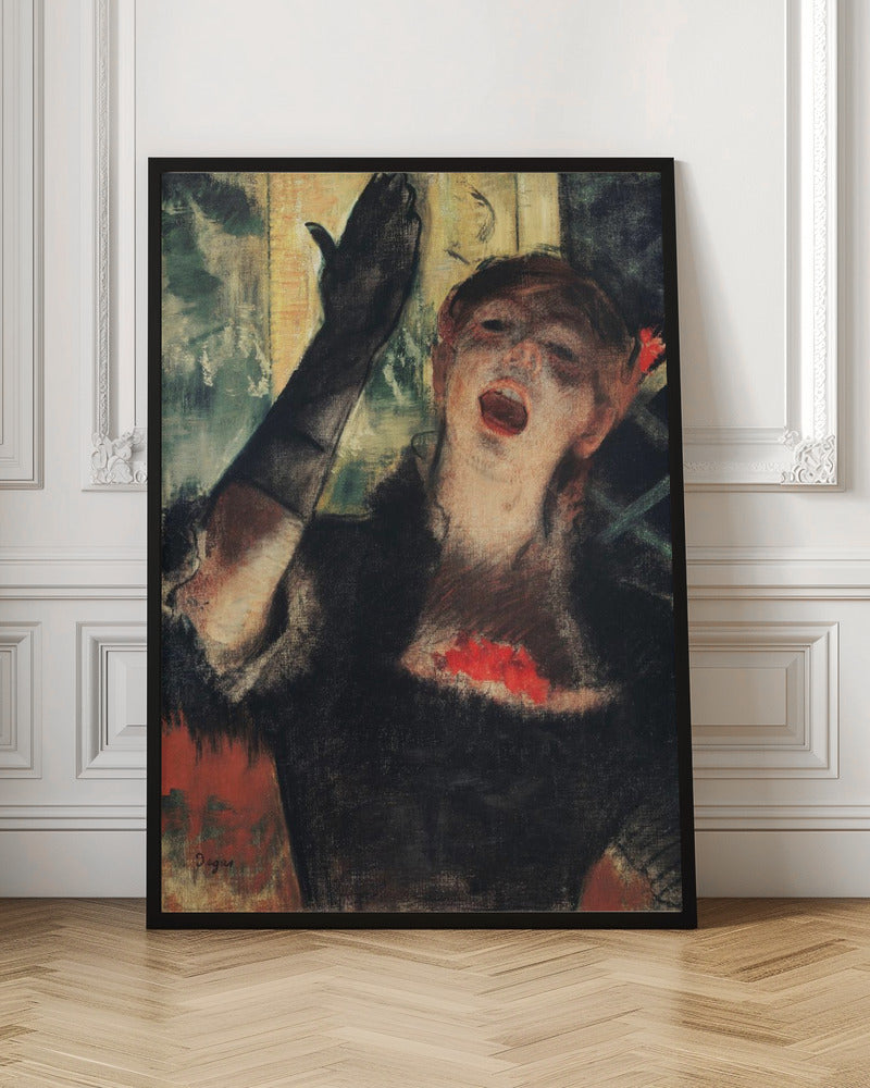 An impressionistic painting by Edgar Degas of a woman singing passionately on stage. She wears a black dress and a long black glove on her raised arm, her face filled with emotion as she performs. Wall Art