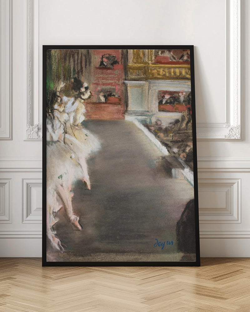 A pastel drawing by Edgar Degas depicting ballerinas from a side-stage perspective. Dancers in fluffy white tutus are grouped on the left, while the grey-brown stage extends to the right towards theater boxes filled with spectators. The style is Impressionistic with a soft, textured finish. Wall Art