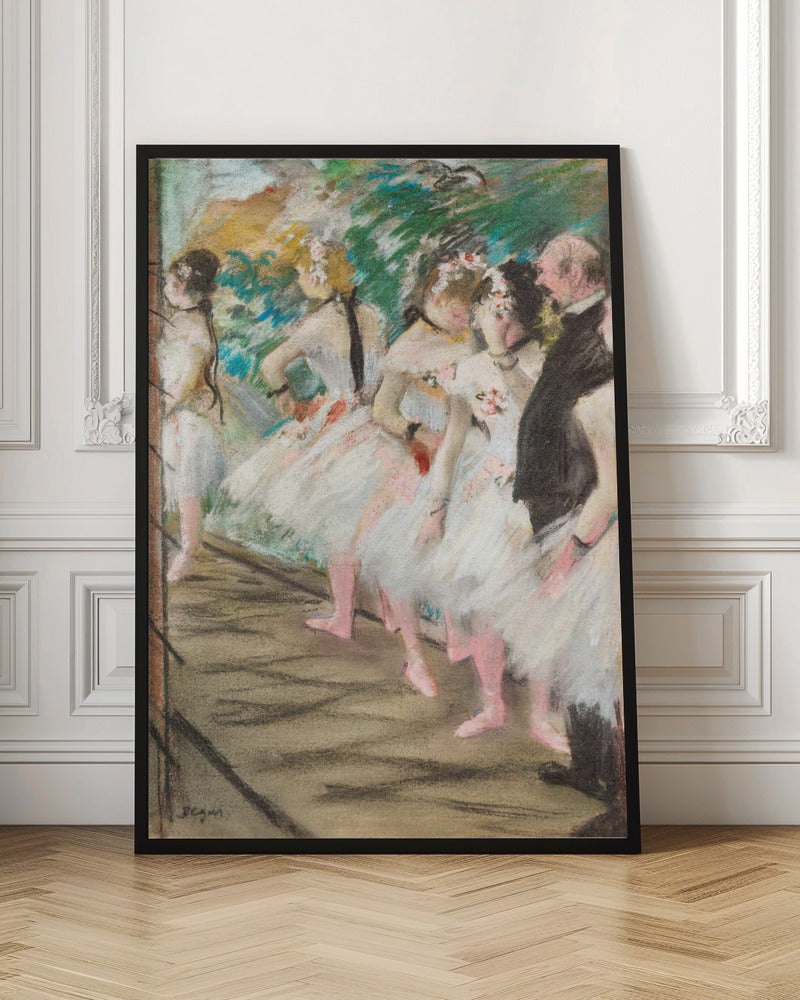 An impressionist pastel painting by Edgar Degas depicting a line of ballet dancers in white tutus and pink slippers waiting backstage. A man in a dark suit stands at the far right. Wall Art