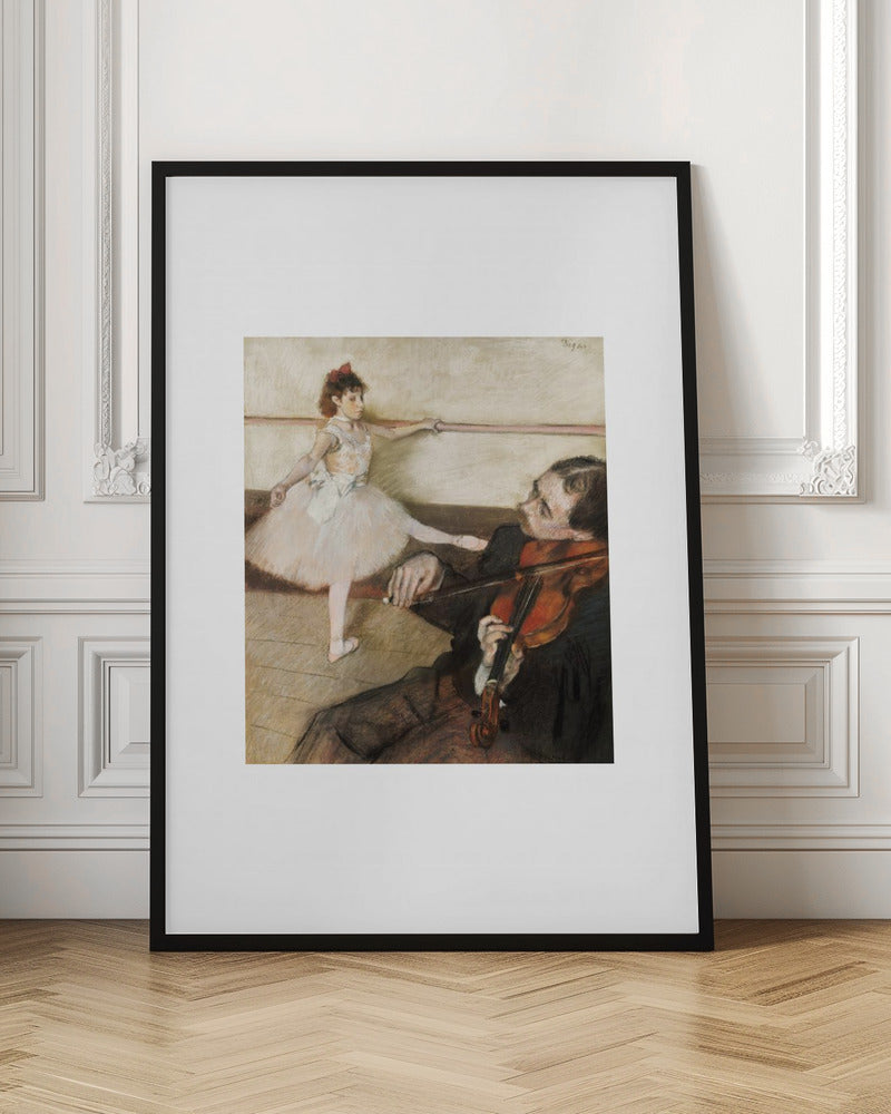 A framed impressionist painting by Edgar Degas titled 'The Dance Lesson'. The artwork depicts a young ballerina in a white tutu and red ribbon in her hair practicing at a ballet barre. In the foreground, a musician sits and plays the violin. Wall Art