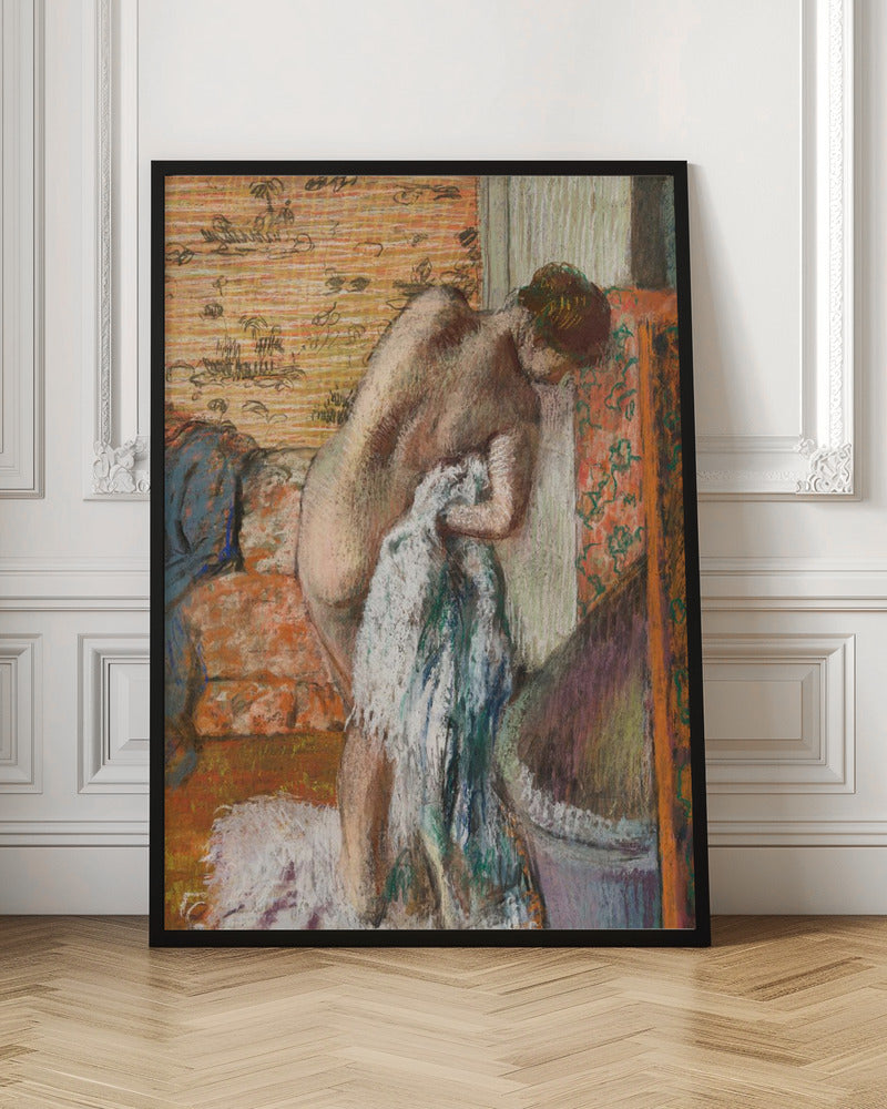 A pastel drawing in an impressionist style of a nude woman seen from the back. She is bent over, drying herself with a white and blue towel. The background is an interior with warm, patterned wallpaper in shades of orange and yellow. Print