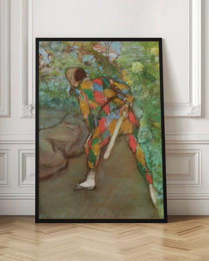 A pastel painting of a person in a colorful harlequin costume, viewed from behind. The figure is bent over in a green, leafy setting, holding a flat wooden paddle. The costume features a vibrant diamond pattern in red, yellow, green, and blue. Wall Art