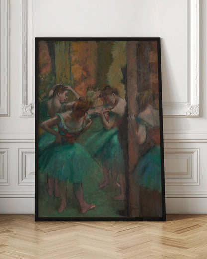 An impressionistic painting of several ballet dancers in vibrant green tutus backstage. The dancers are captured in candid moments, adjusting their costumes and hair against a warm, earthy background of brown and orange tones. Poster