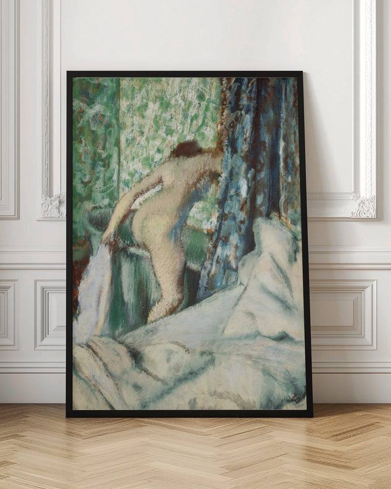 An impressionistic painting by Edgar Degas titled 'After the Bath, Woman Drying Herself'. It depicts the back of a nude woman leaning over a washbasin, with a towel in hand. The background is a vibrant green patterned wallpaper, with a blue curtain to the right and crumpled white sheets in the foreground. The style is soft and textured, characteristic of pastel work. Print