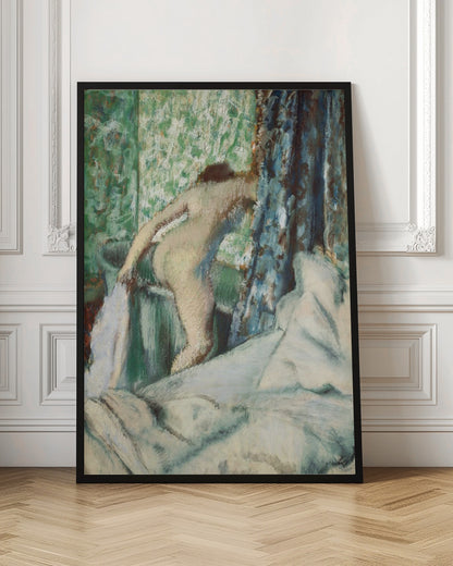 An impressionistic painting by Edgar Degas titled 'After the Bath, Woman Drying Herself'. It depicts the back of a nude woman leaning over a washbasin, with a towel in hand. The background is a vibrant green patterned wallpaper, with a blue curtain to the right and crumpled white sheets in the foreground. The style is soft and textured, characteristic of pastel work. Print