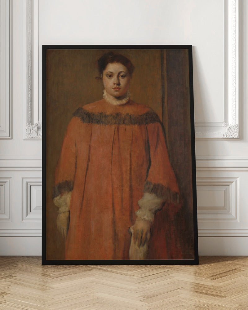 A classical oil portrait of a young woman with dark hair tied up, looking directly at the viewer. She wears a voluminous, high-collared reddish-orange dress with dark frilly trim on the shoulders and cuffs, and a white ruffled collar. The background is a simple, muted brown wall. Wall Art