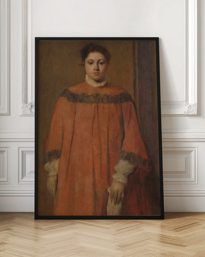 A classical oil portrait of a young woman with dark hair tied up, looking directly at the viewer. She wears a voluminous, high-collared reddish-orange dress with dark frilly trim on the shoulders and cuffs, and a white ruffled collar. The background is a simple, muted brown wall. Wall Art