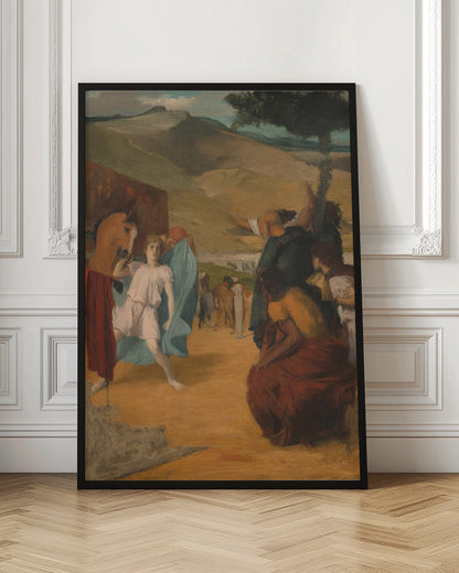 A vintage painting depicting a historical scene in an arid, hilly landscape. In the foreground, a young person in a white tunic and blue robe stands next to a horse, while a group of people in classical attire gesture towards the background. Print