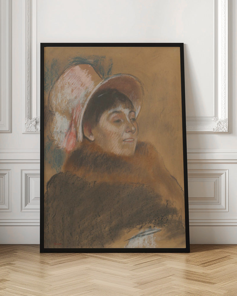 A vintage pastel portrait of a woman in three-quarter view, looking to her right. She has dark hair with bangs and is wearing a large, soft pink hat and a heavy brown coat. The background is a warm ochre color, and the overall style is sketchy and impressionistic. Artwork