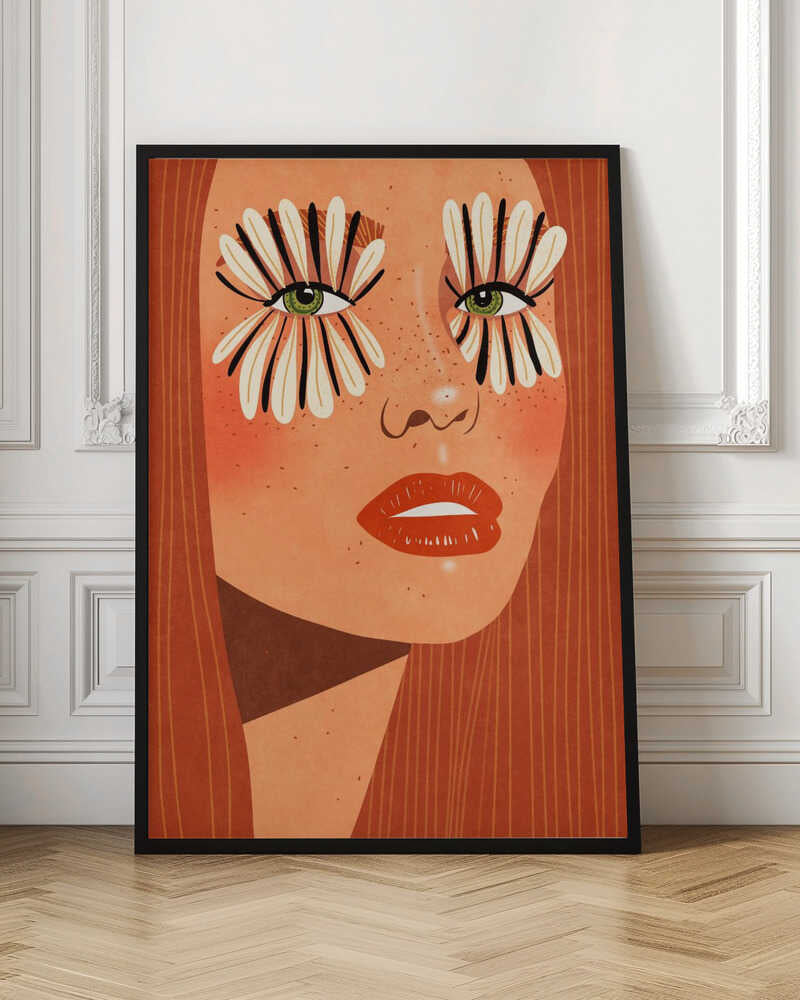 A stylized close-up illustration of a woman's face with long red hair, freckles, and green eyes. Her makeup is a bold, graphic design of black and white flower petals radiating around her eyes, and she has bright red lips. Decor
