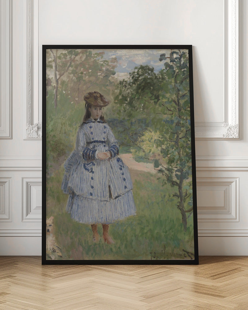 An Impressionist painting by Claude Monet titled 'Jeanne-Marguerite Lecadre in the Garden'. It depicts a young girl in a blue and white striped dress and a hat, standing in a lush, green garden with trees and a path in the background. The style features soft, visible brushstrokes. Poster
