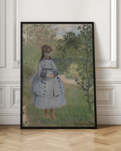 An Impressionist painting by Claude Monet titled 'Jeanne-Marguerite Lecadre in the Garden'. It depicts a young girl in a blue and white striped dress and a hat, standing in a lush, green garden with trees and a path in the background. The style features soft, visible brushstrokes. Poster