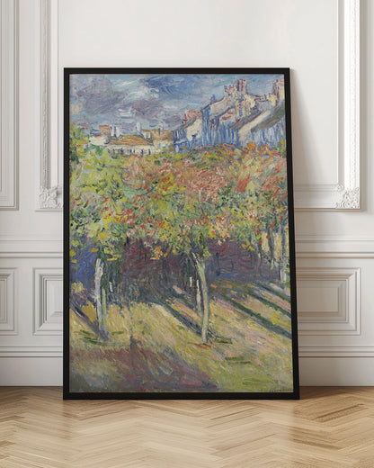 An impressionist painting of a sun-dappled landscape. Colorful autumn trees and vines fill the foreground, casting long shadows on the grassy ground. In the background, a row of buildings with white and blue walls and red roofs rises up under a cloudy sky. Print