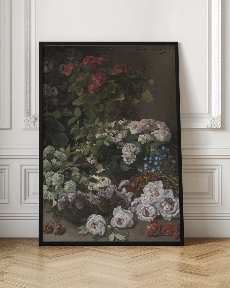 A classic vertical still life painting by Claude Monet from 1864. It showcases a rich and abundant arrangement of various flowers against a dark, muted background. Prominently featured are pink geraniums, clusters of white and pink hydrangeas, lilacs in a basket, and a scattering of white peonies and red tulips in the foreground. Poster
