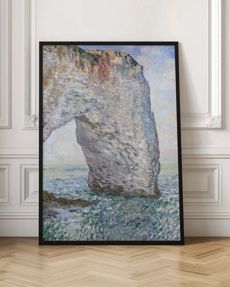 An Impressionist painting depicting a massive white chalk cliff with a natural arch, standing in a turbulent sea of green and blue water. The visible, textured brushstrokes capture the play of light on the rock and water under a bright, cloudy sky. Decor