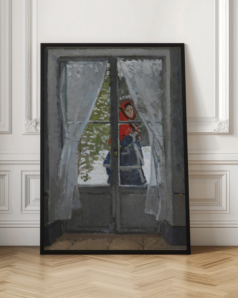 An impressionistic oil painting viewed from inside a room, looking out a glass door into a snowy landscape. A figure in a bright red hood and dark clothing stands outside, partially visible between sheer white curtains. The scene is framed by a dark grey door and a simple black picture frame. Poster