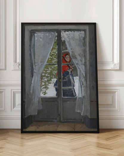 An impressionistic oil painting viewed from inside a room, looking out a glass door into a snowy landscape. A figure in a bright red hood and dark clothing stands outside, partially visible between sheer white curtains. The scene is framed by a dark grey door and a simple black picture frame. Poster