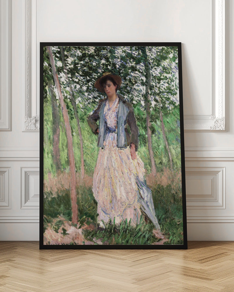 An impressionist painting of a woman standing in a sun-dappled forest. She wears a long, pale dress, a blue-grey jacket, and a brown hat, looking down thoughtfully while holding a parasol. Wall Art